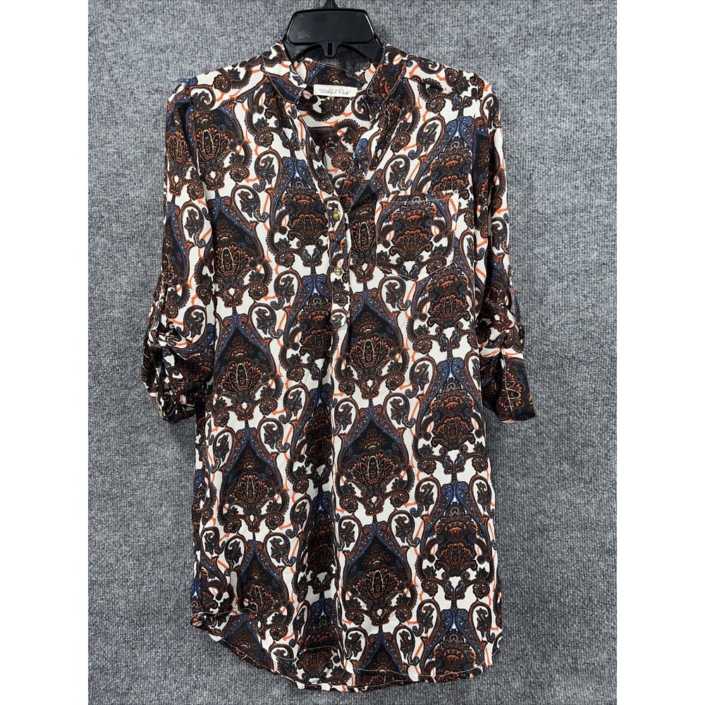 Wishful Park Blouse Womens Size Small Blue Orange White V-Neck Roll Tab Sleeves